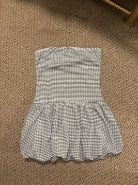 Blue and White Gingham Strapless Bubble Dress